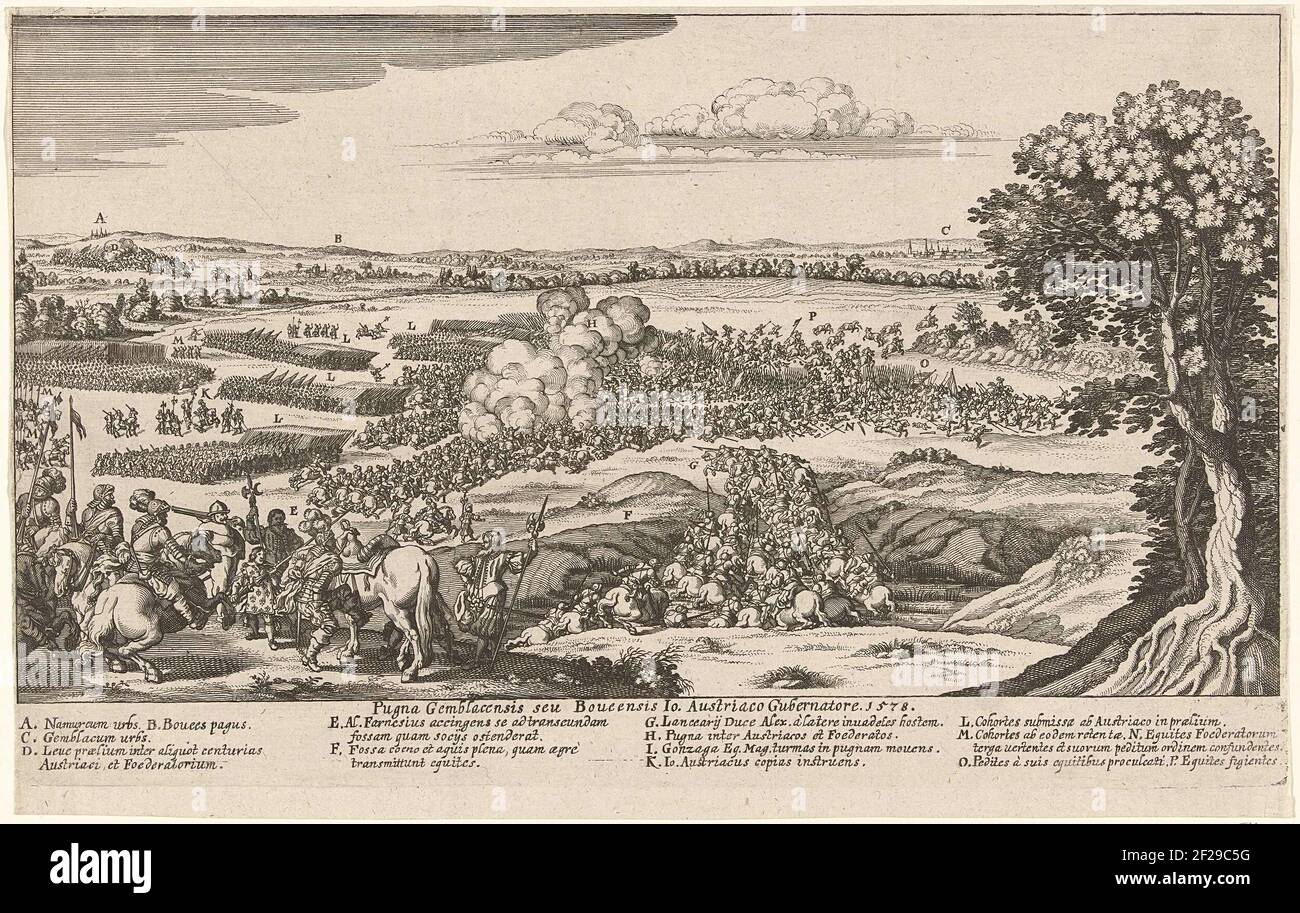 Slag bij Gembloers, 1578; Pugna Gemblacensis seu Boueensis IO. Autriaco Gubernatore. 1578.bataille de Gembloers, 31 janvier 1578. Bataille dans laquelle l'armée d'Etat est défaite par l'armée de farnese. Au loin les noms de villes et gembloux. Au sommet d'un bandérole avec le titre et la légende A-P en latin. Banque D'Images