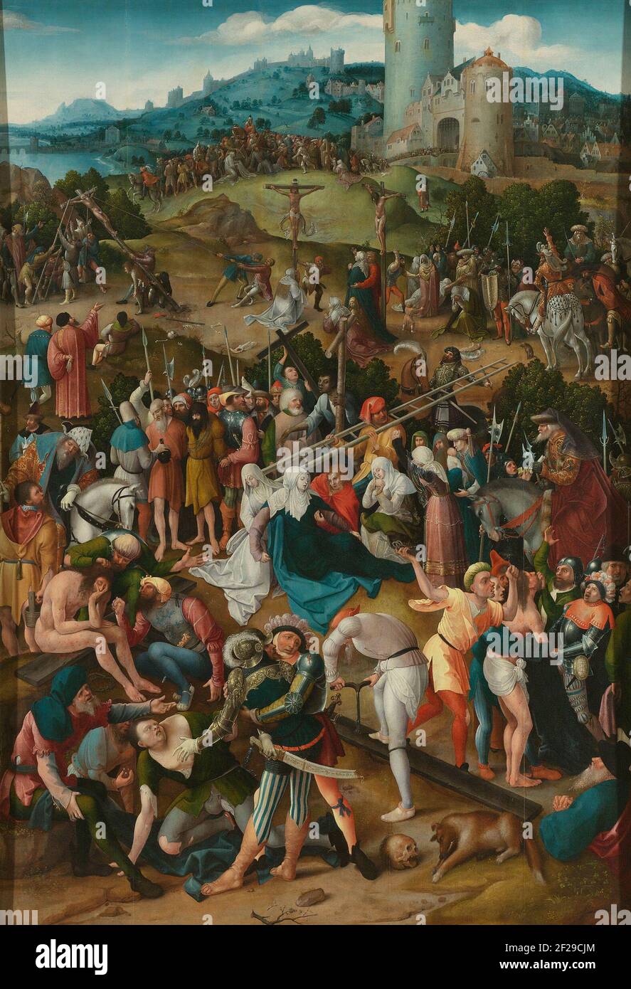 Calvary.a travers des peintures comme celle-ci, les croyants pouvaient suivre les épisodes de la passion du Christ et s’identifier à sa douleur et à sa souffrance. En arrière-plan, il s'effondre sous le poids de la croix. Ensuite, il est dépouillé (en bas à droite) et moqué (à gauche); puis les soldats ont jeté beaucoup pour ses vêtements (en bas à gauche). Dans une ouverture au centre supérieur, Jésus est suspendu sur la croix. Banque D'Images