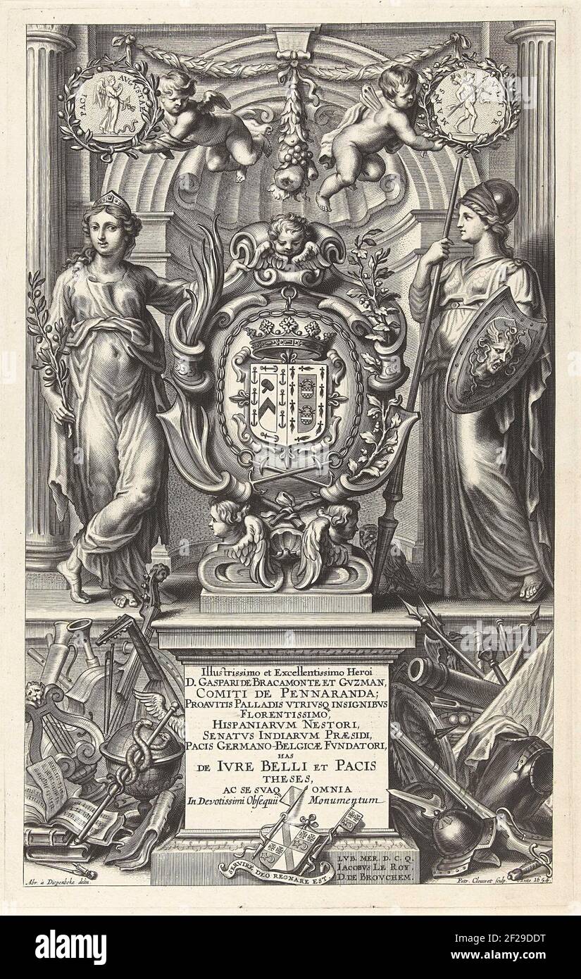 Oorlog en Vrede; Titelpagina voor Hugo de Groot, de Iure Belli et Pacis,  1654.au milieu de l'impression une cartouche avec un blason et en dessous du  titre de l'œuvre. En plus de