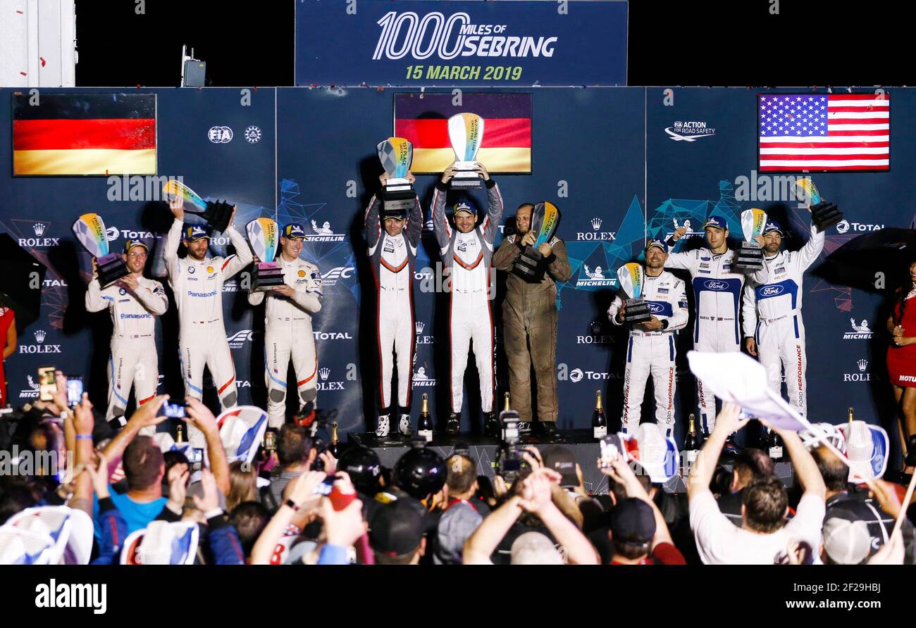 91 LIETZ Richard (aut), BRUNI Gianmaria (ita), Porsche 911 RSR Porsche GT équipe, 81 TOMCZYK Martin (ger), CATSBURG Nicky (nld), SIMS Alexander (gbr), BMW M8 GTE équipe BMW MTEK, 67 PRIAULX Andy (gbr), TINCKNELL Nicky (gbr), Harry BRIC Chip (gbr), Ford BRIC (BRIC, BRIC (BRIC, BRIC, BRIC BRIC, BRIC, BRIC, BRIC, BRIC, BRIC, BRIC Podium ambiance pendant le Championnat du monde d'endurance WEC 2019 de la FIA 1000 miles de Sebring, Etats-Unis d'Amérique, du 13 au 15 mars - photo François Flamand / DPPI Banque D'Images