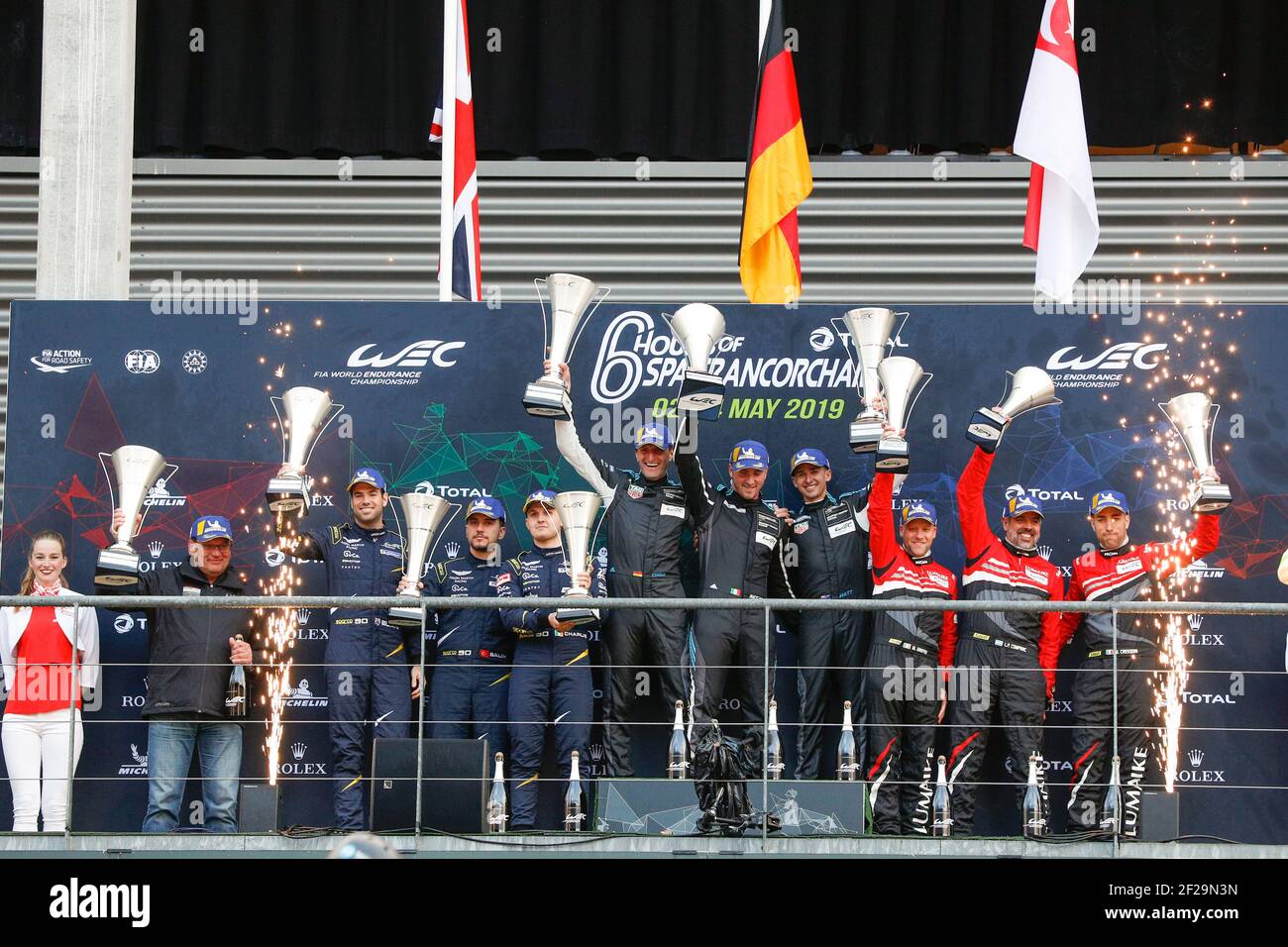 Podium ambiance 77 RIED Christian, (ger), Riccardo Pera (ITA), CAMPBELL Matt (aus), Porsche 911 RSR team Dempsey Racing, 90 YOLUC Salih (tur), Euan alers-Hankey (GBR), EASTWOOD Charles (gbr), Aston Marin Vantage team TF Sport, 61 COMPOLUO Luis Perez (IRG), Matthew GRIFFIN (irg), SOTO) Ferrari 488 GTE team Clearwater Racing, pendant le Championnat du monde d'endurance FIA WEC 2019, 6 heures de Spa du 2 au 4 mai, au Spa Francorchamps, Belgique - photo Frédéric le Floc'h / DPPI Banque D'Images