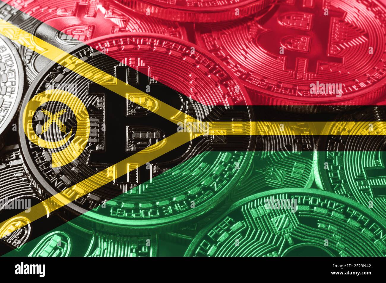 Drapeau bitcoin de Vanuatu, concept de crypto-monnaie du drapeau national fond noir Banque D'Images