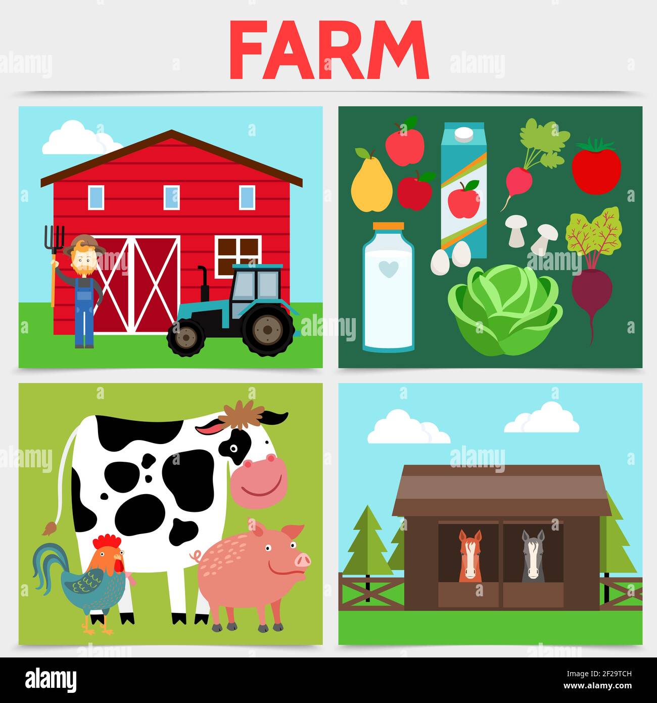 Concept de place agricole plate colorée avec ferme de tracteur de ferme de vache poule porc chevaux légumes fruits lait bouteille jus paquet isolé vecteur illustrat Illustration de Vecteur