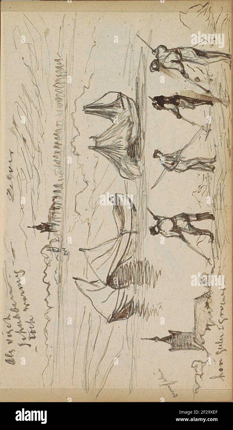 Paysage avec tour d'église, bateaux d'aviron et hommes fauchant foin.feuille 76 recto d'un carnet de croquis avec 88 feuilles. Banque D'Images
