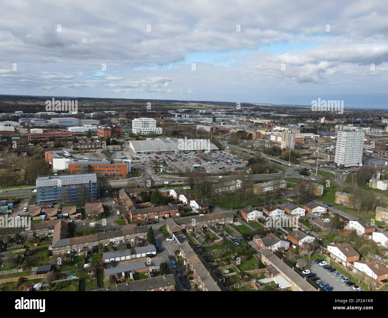 Centre-ville de Stevenage Hertfordshire UK Aerial 4K Banque D'Images