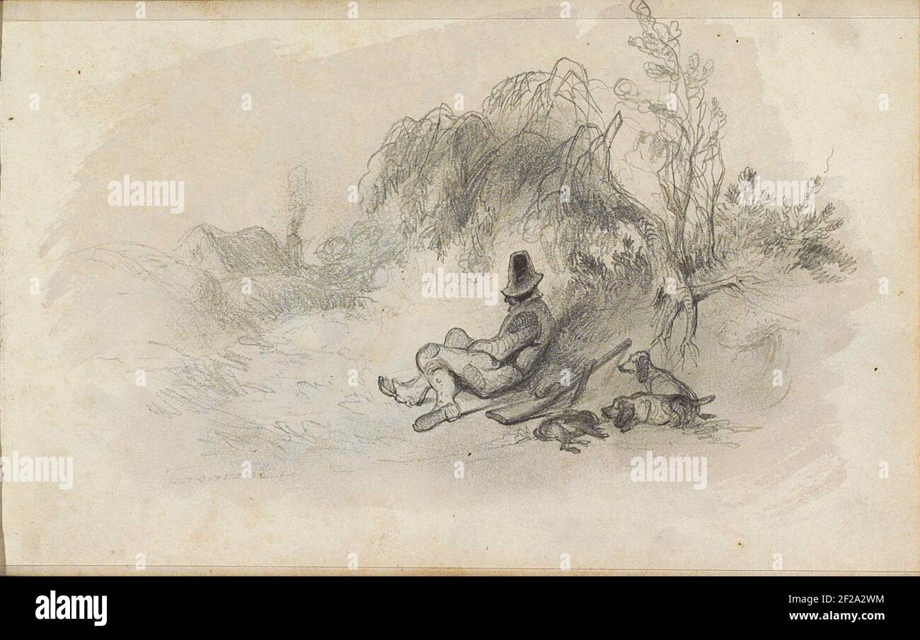 Zittende jager op een landweg.a côté de l'homme il y a un fusil et trois chiens de chasse. Feuille 10 Recto à partir d'un carnet d'esquisses avec 38 feuilles. Banque D'Images