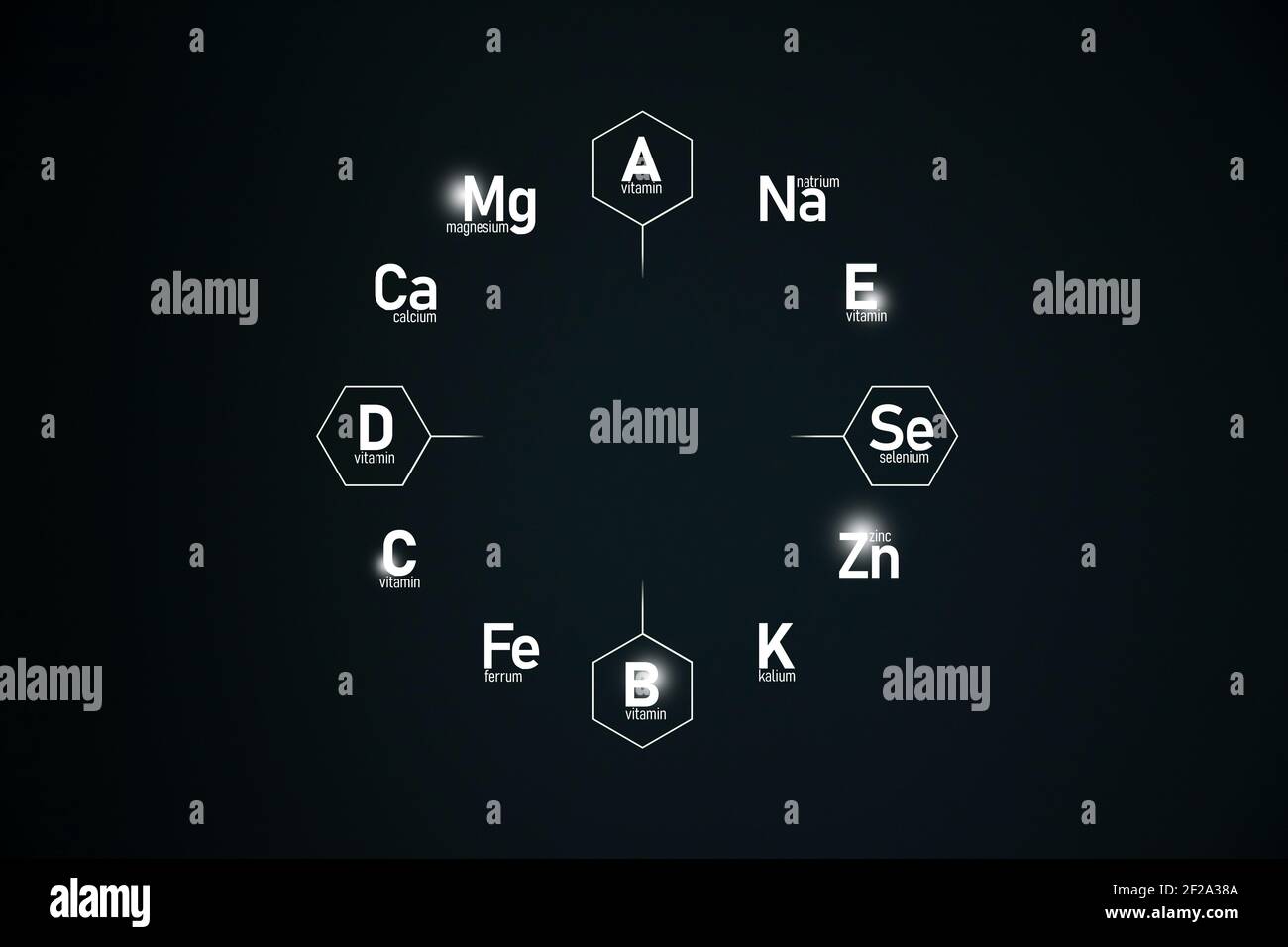 Cillce graphique des vitamines et des microéléments supérieurs sur fond vert foncé. Modèle pour la conception de produits de beauté Banque D'Images