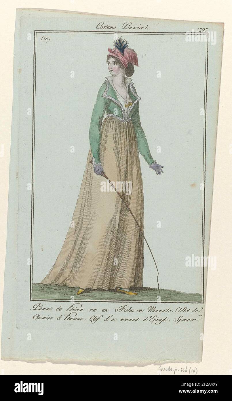 Journal des Dames et modes, Paris Costume, 10 novembre 1797, (10) : Plume  de Héron (...).Fichu en foulard, décoré d'un aigrette (printemps du héron).  Le col droit de la robe est identique
