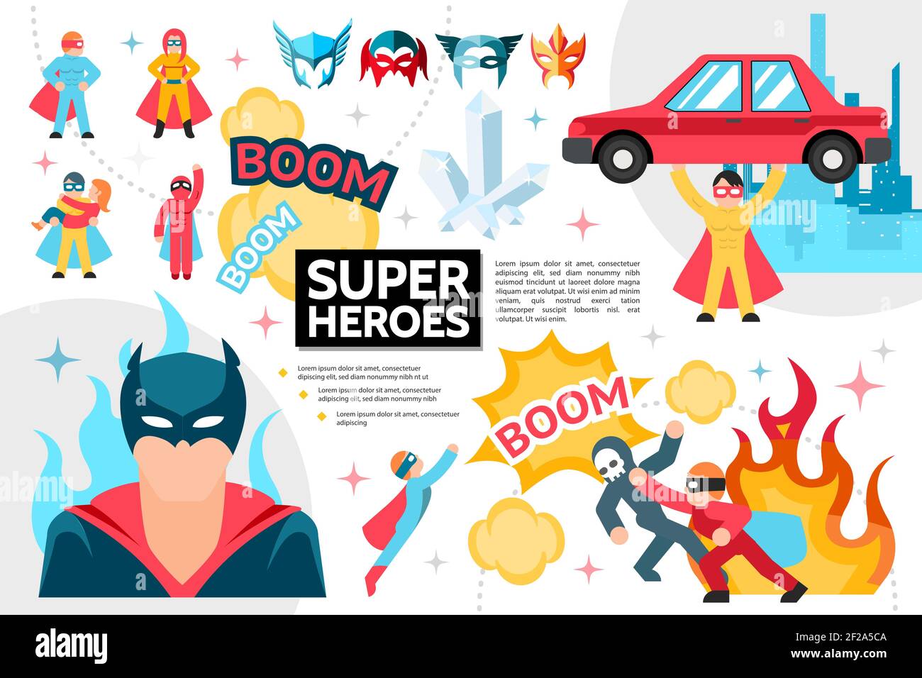 Flat superhéros infographie concept avec super héros en costumes et les