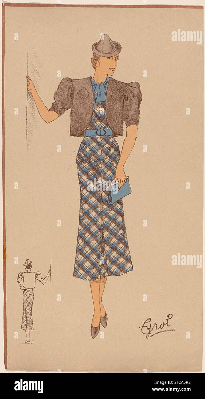 Vrouw dans een Schots geruite jurk rencontré boléro, ca. 1930.debout femme  habillée dans une robe écossaise à carreaux en marron et bleu avec des  poches latérales et mi-avant une petite fente. Boléro