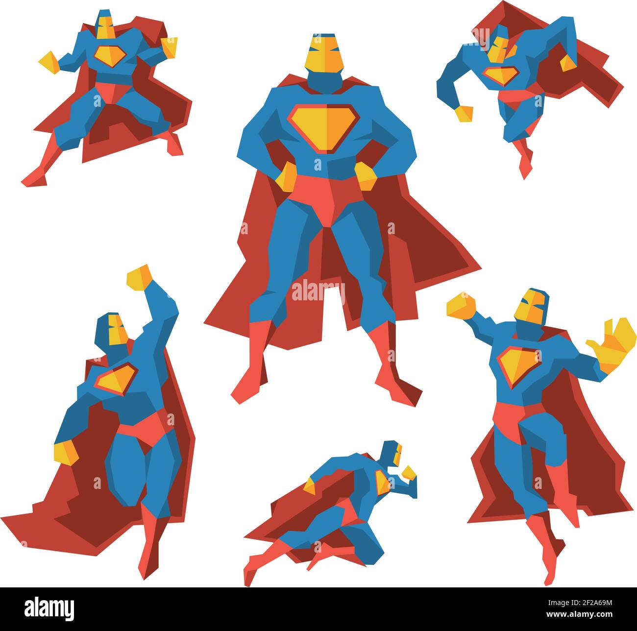 Super héros dans différentes actions. Super-héros de costume, polygonal géométrique homme woth cloak. Jeu d'illustrations vectorielles Illustration de Vecteur