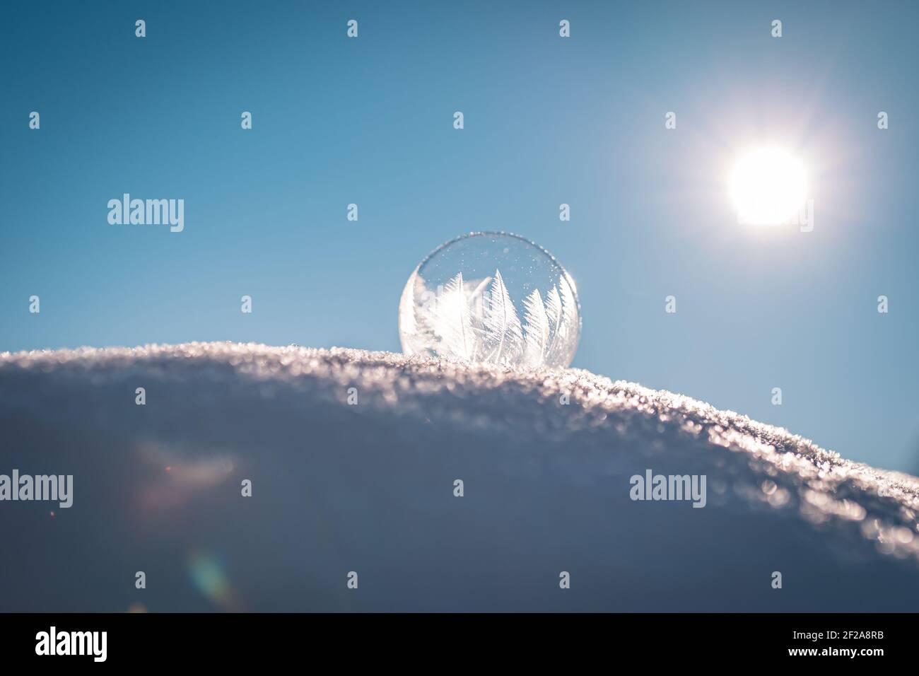 Bulle de savon surgelé avec un joli motif sur la neige gros plan sur un arrière-plan flou Banque D'Images