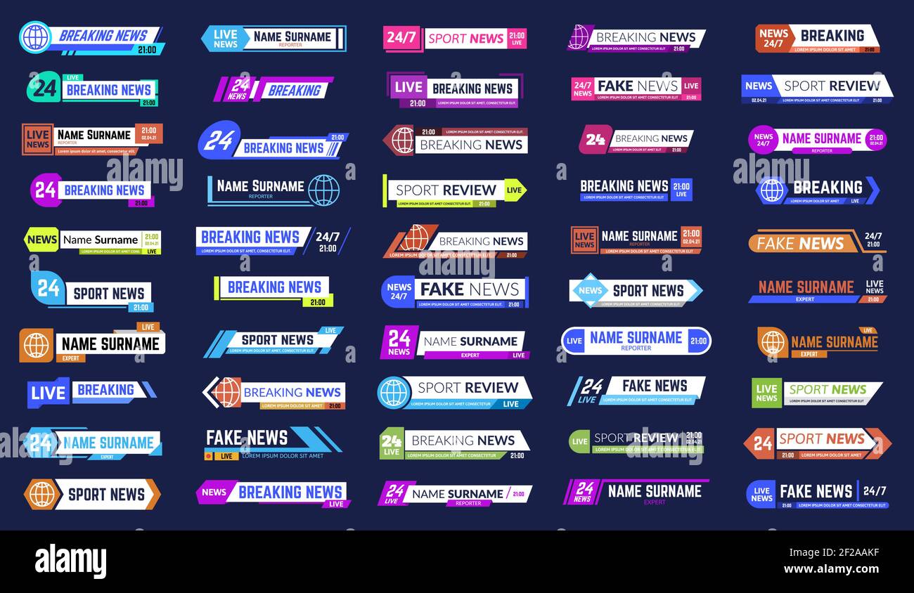 Barres d'informations TV. Dernières nouvelles diffuser des bannières de troisième partie, des cadres d'écran de médias d'information de titre. Illustration vectorielle de la barre de diffusion télévisée Illustration de Vecteur