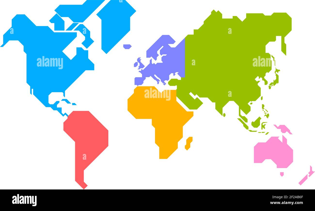 Carte du monde simplifiée avec des lignes droites nettes (différentes couleurs pour chaque continent) Illustration de Vecteur