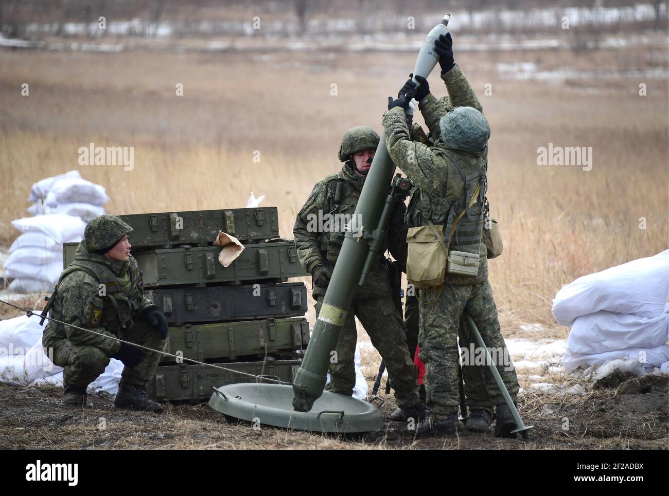 Territoire De Primorye, Russie. 11 Mars 2021. Les Militaires Du District Militaire  De L'est De Russie Chargent Une Bombe À Mortier Dans Un Système De Mortier  Lourd Sani 2S12 À La Deuxième