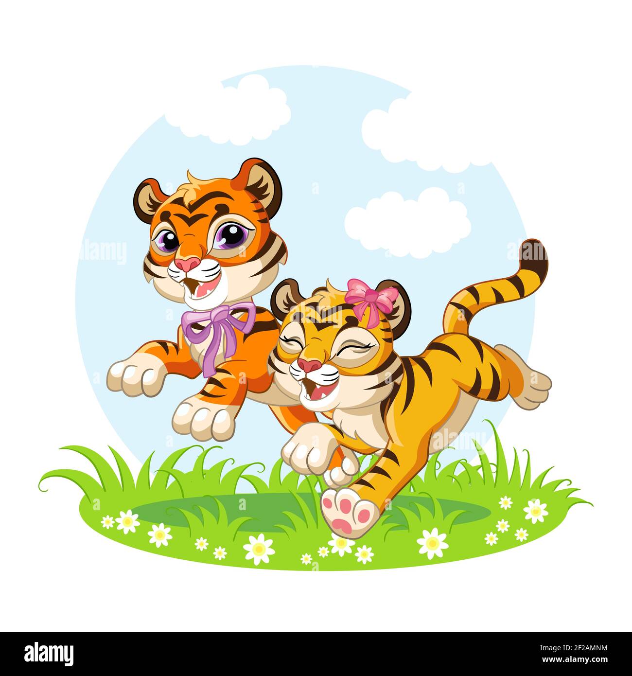 Mignon dessin animé petits tigres courant à travers une prairie en fleurs. Illustration vectorielle isolée. Pour carte postale, affiches, création de pépinière, carte de vœux, cist Illustration de Vecteur