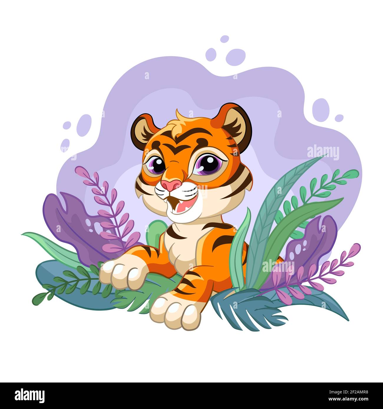 Mignon petit tigre de dessin animé avec des plantes de beauté romantiques. Illustration vectorielle isolée. Pour carte postale, affiches, création de pépinière, carte de vœux, autocollants, r Illustration de Vecteur