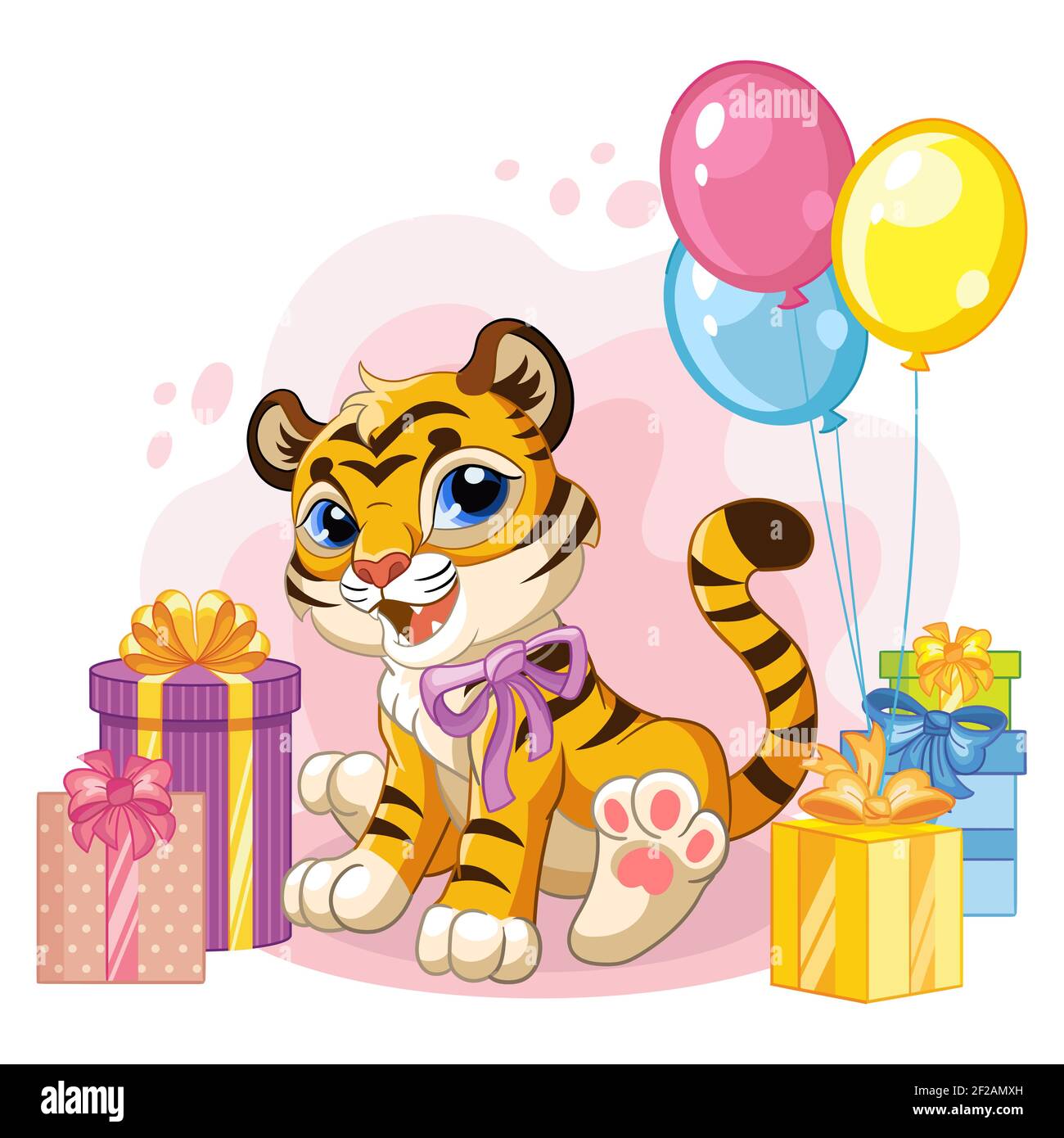 Mignon petit tigre de dessin animé avec des ballons et des boîtes de cadeau. Illustration vectorielle isolée. Pour les cartes postales, les affiches, les dessins de pépinière, les cartes de vœux, les autocollants Illustration de Vecteur