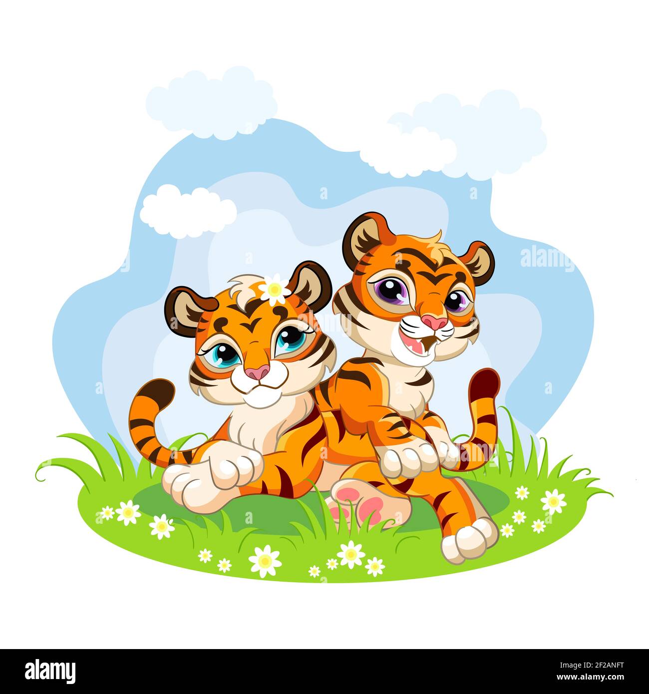 Mignon dessin animé petits tigres jouant sur un pré en fleur. Illustration vectorielle isolée. Pour carte postale, affiches, création de pépinière, carte de vœux, autocollants, Illustration de Vecteur