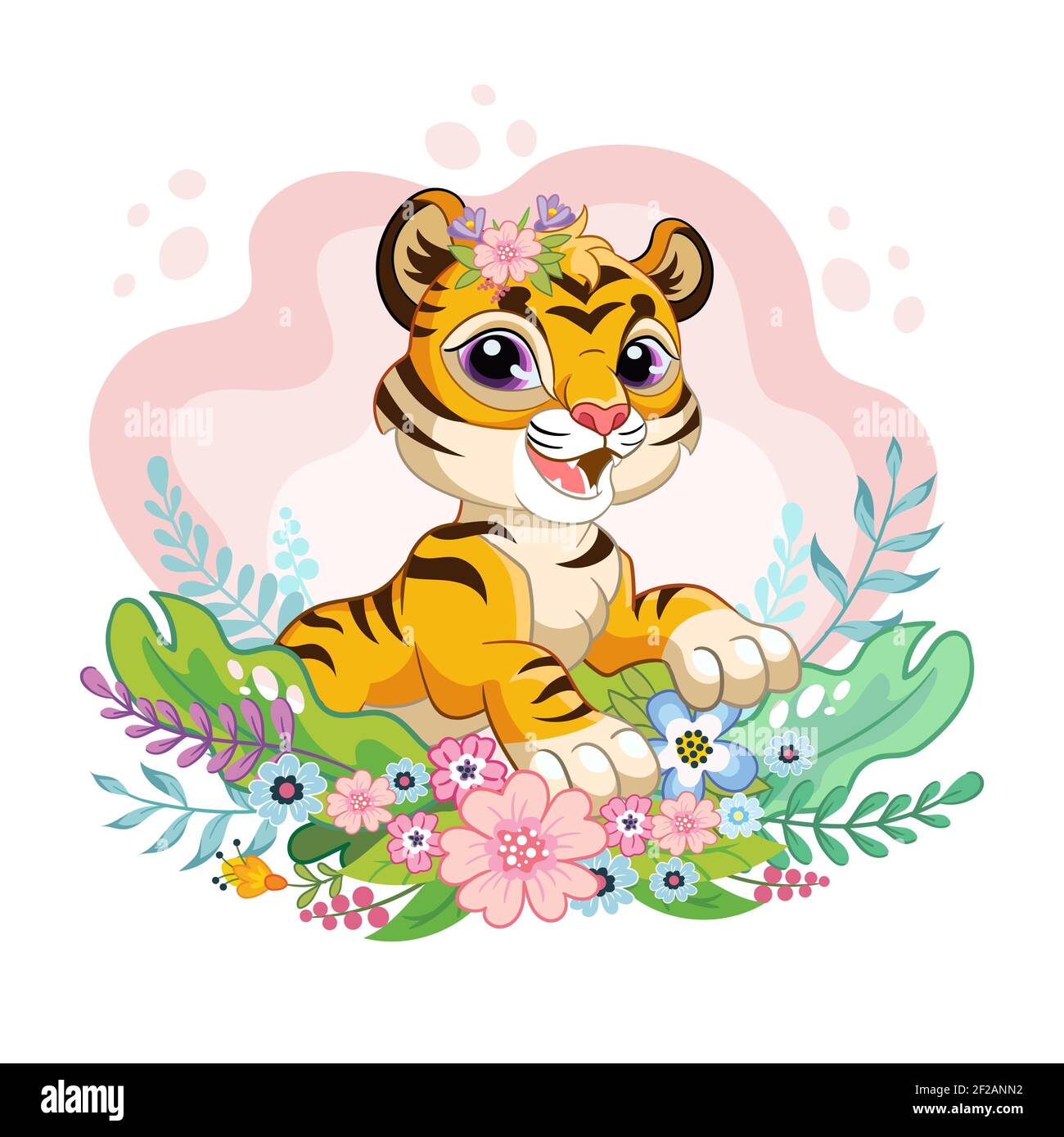 Joli petit tigre de dessin animé avec des fleurs romantiques de beauté. Illustration vectorielle isolée. Pour carte postale, affiches, création de pépinière, carte de vœux, autocollants, Illustration de Vecteur