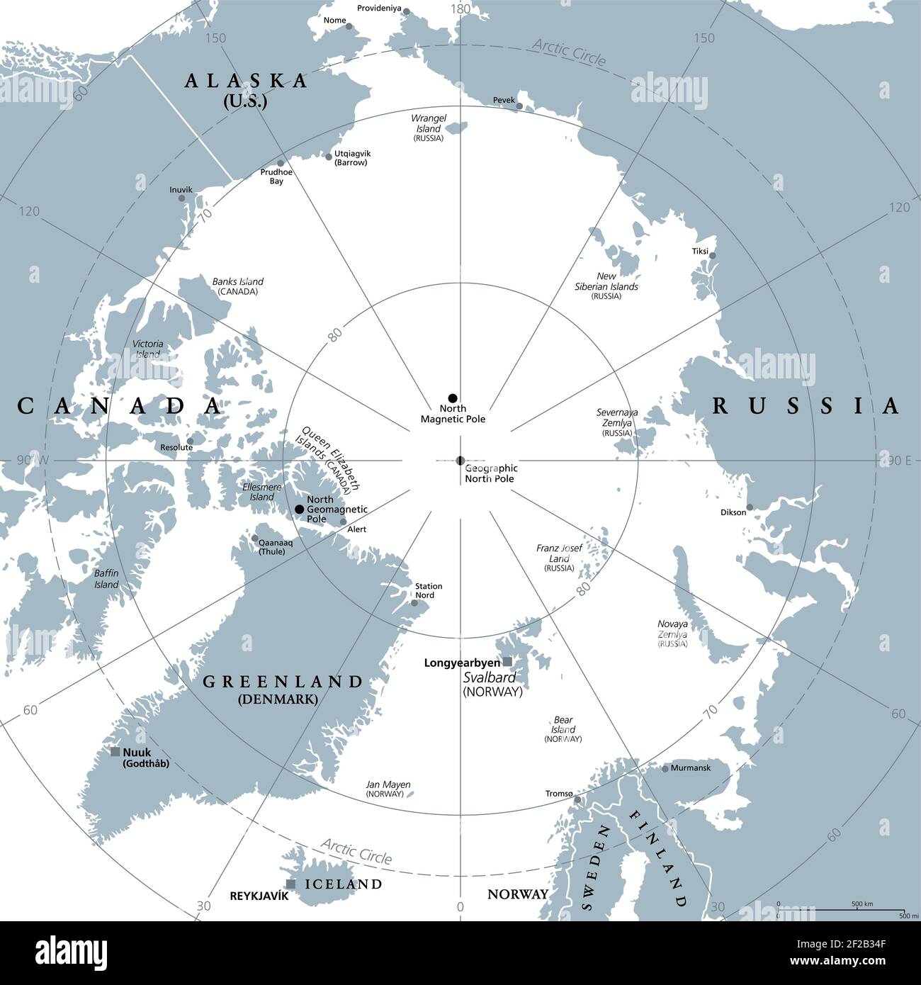 Région arctique, carte politique grise. Région polaire autour du pôle Nord de la Terre. Région de l'océan Arctique, avec pôle magnétique nord et pôle géomagnétique nord. Banque D'Images