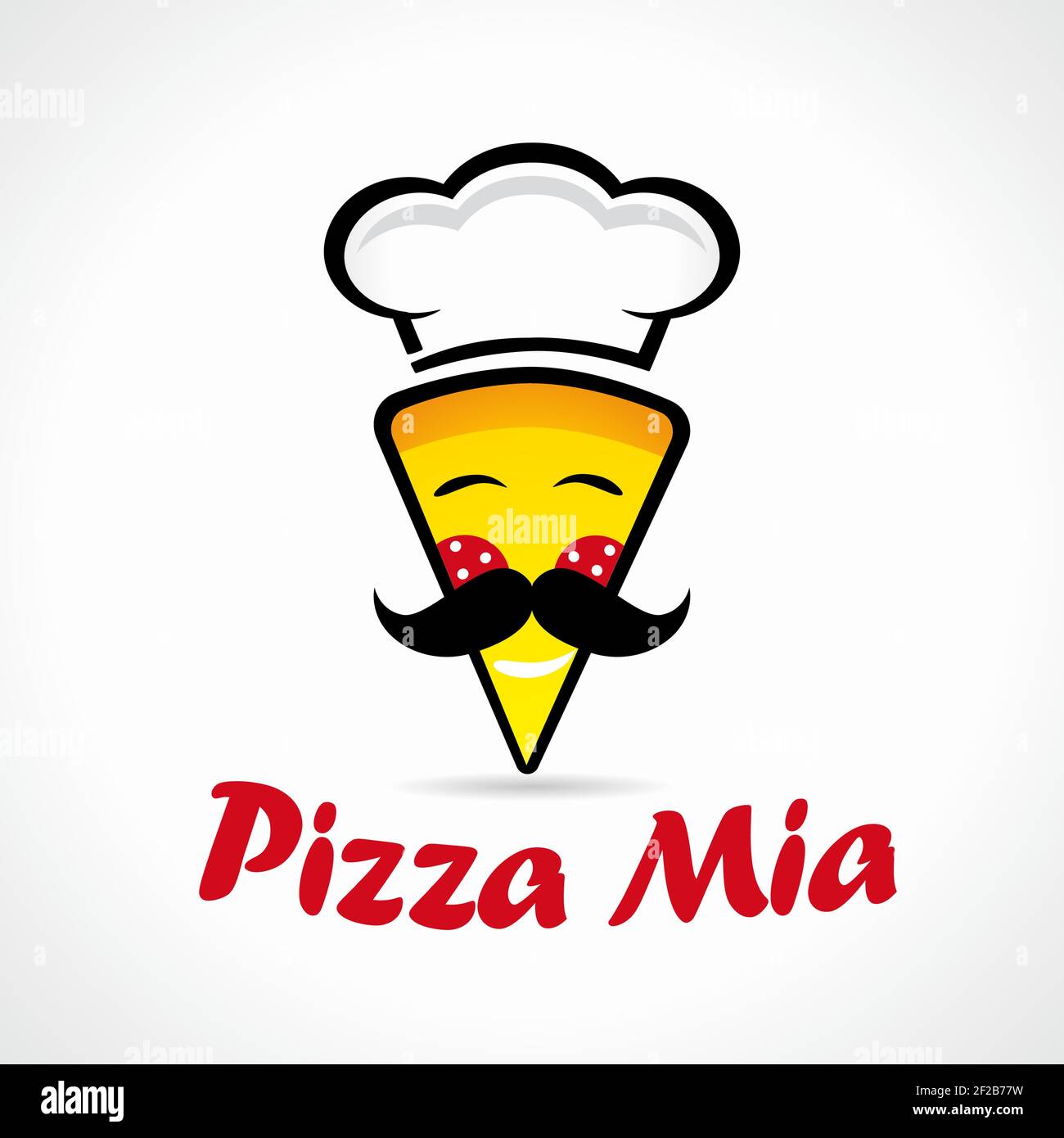Logo pizza Mia. Logotype de cuisine, en délivrant rapidement des sourires, des moustaches et un chapeau de chef. Signe de marquage vectoriel avec idée de dénomination. Illustration de Vecteur