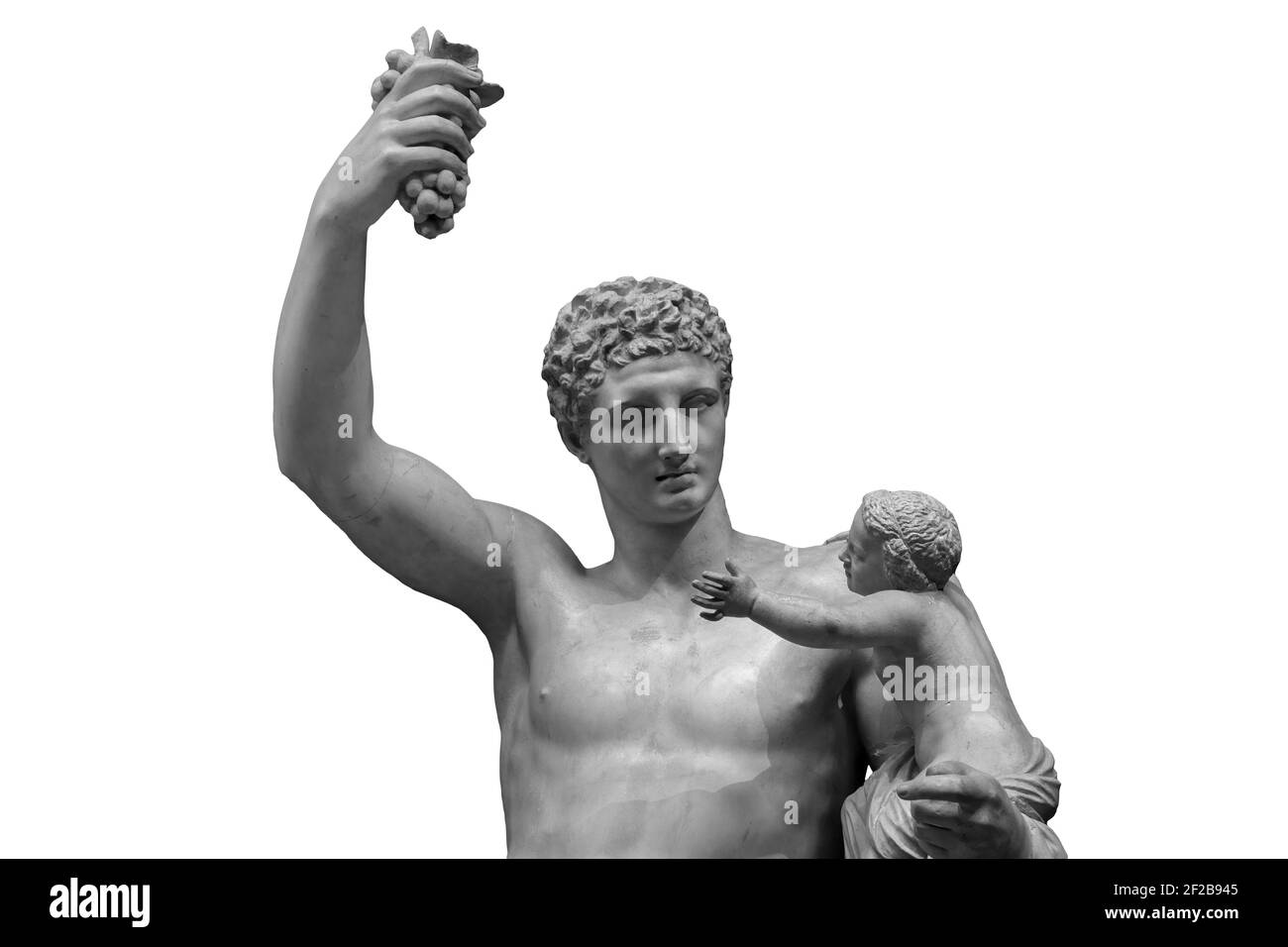 Statue de Dionysos ou de Bacchus avec bouquet de raisins isolés sur blanc Banque D'Images