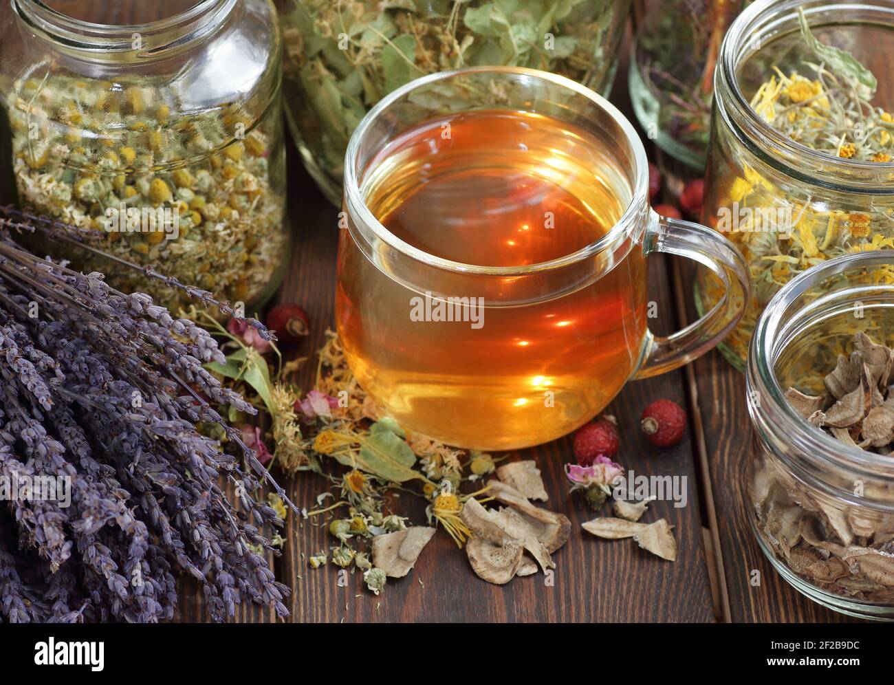 Tisanes et bocaux aux herbes homéopathiques sèches : camomille, tilleul, calendula, terrier, rosehIPS et fleurs, gros plan, espace de copie, naturopathie et natu Banque D'Images