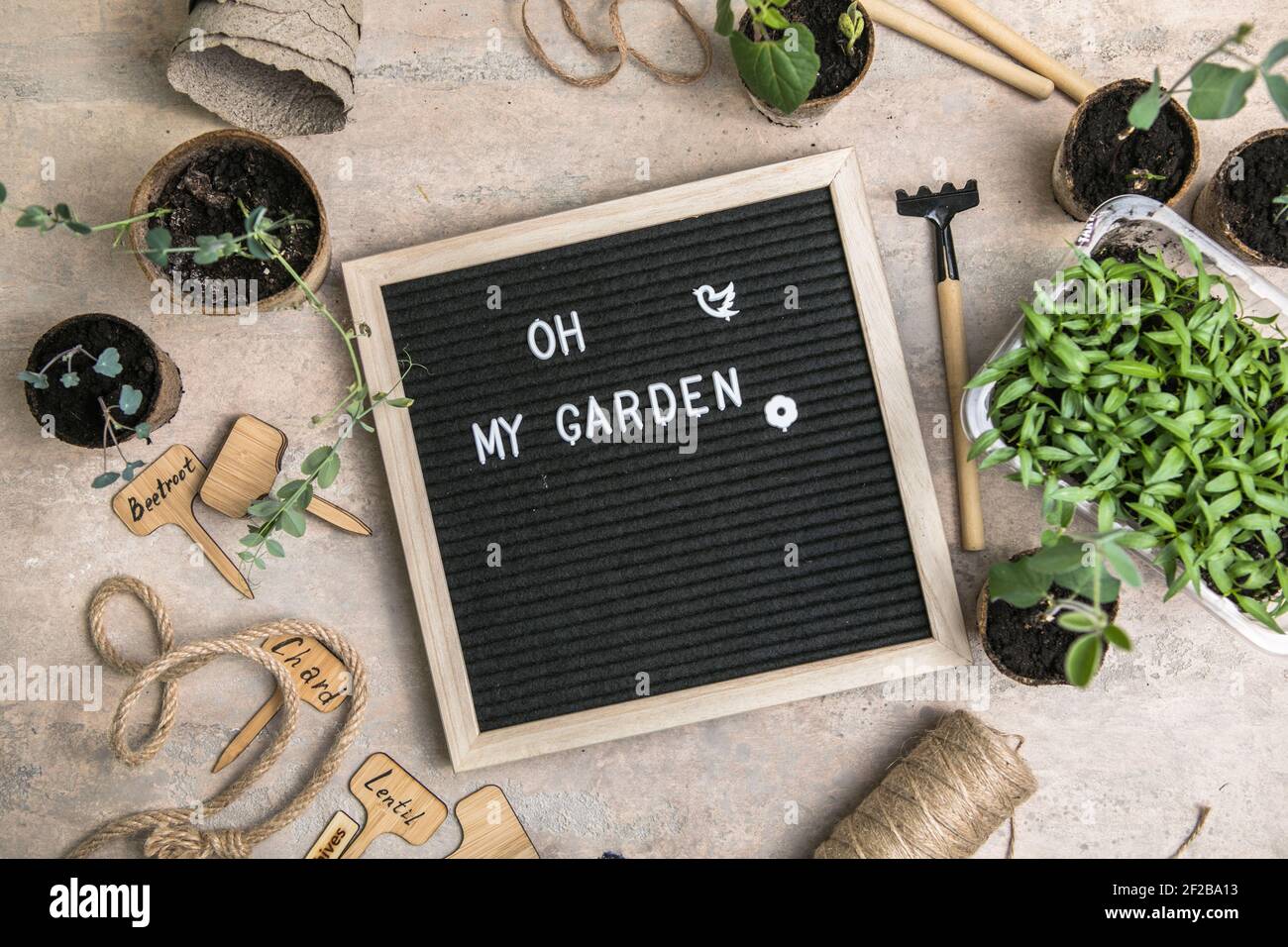 Tableau de lettres avec texte Oh mon jardin. Place. Plantation de