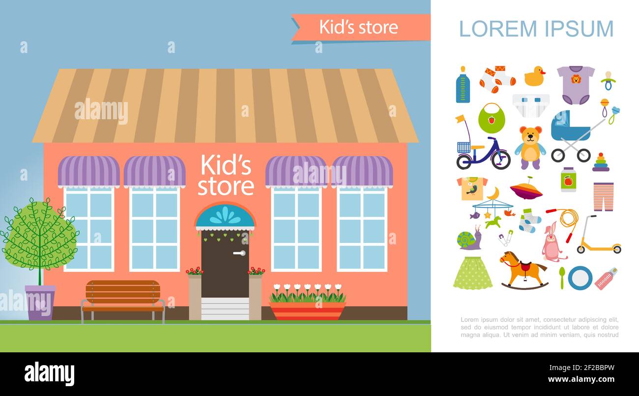 Plat magasin pour enfants concept coloré avec boutique façade jouets pour enfants illustration vectorielle de vêtements alimentaires et d'accessoires différents Illustration de Vecteur