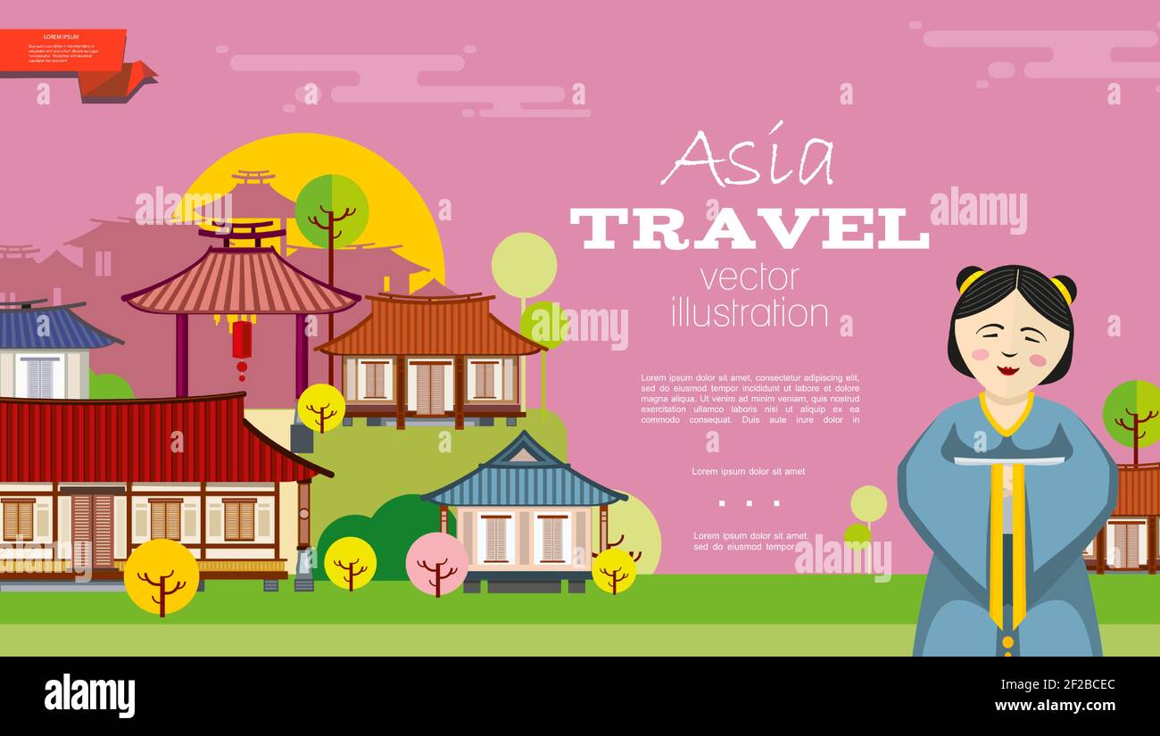 Voyage à plat en Asie avec geisha en costume national paysage urbain avec illustration vectorielle de bâtiments japonais traditionnels Illustration de Vecteur