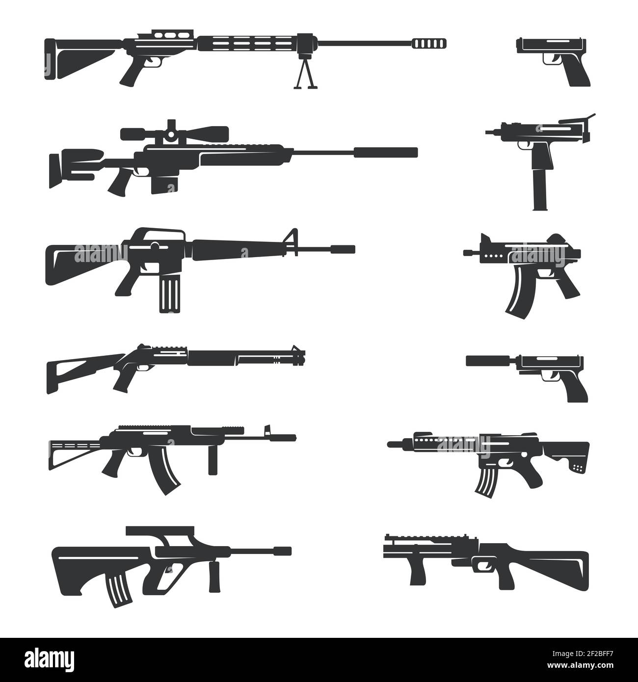 Ensemble vectoriel d'icônes de pistolets. Objet d'arme, armée et arme à feu, illustration automatique et danger Illustration de Vecteur