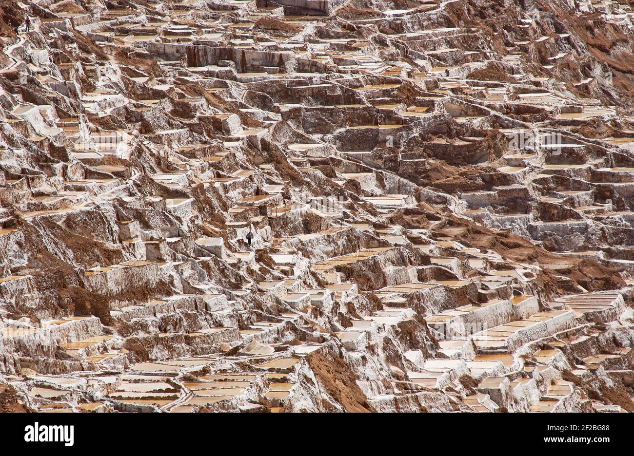 Marmites de sel inca, terrasses de sel et salin de Pichintoto, Salineras de Maras, Vallée Sacrée des Incas, Urubamba près de Cusco, Pérou Banque D'Images