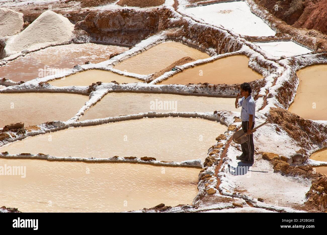 Marmites de sel inca, terrasses de sel et salin de Pichintoto, Salineras de Maras, Vallée Sacrée des Incas, Urubamba près de Cusco, Pérou Banque D'Images