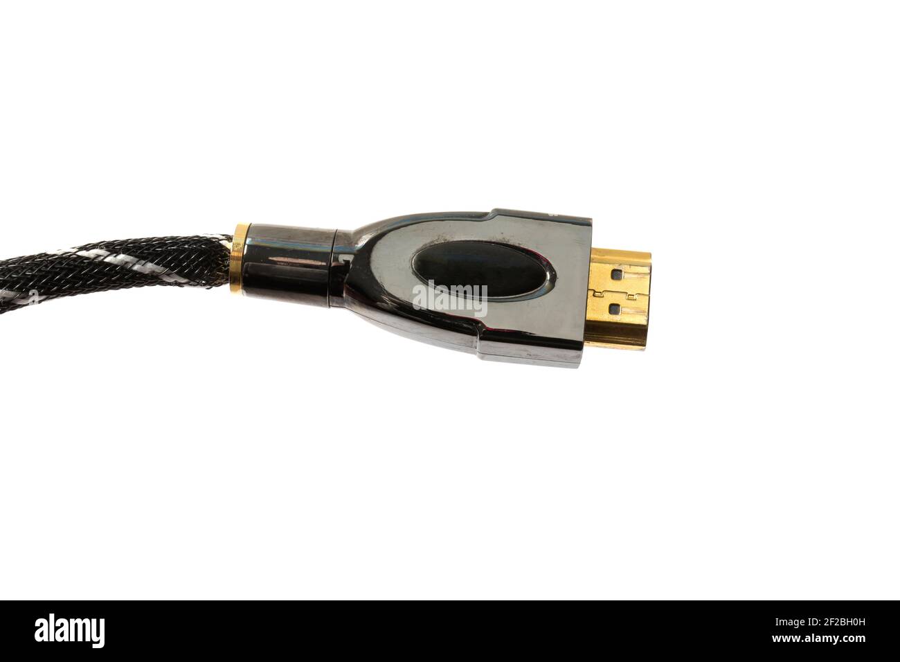 Connecteur de câble HDMI avec extrémité dorée sur fond blanc Banque D'Images