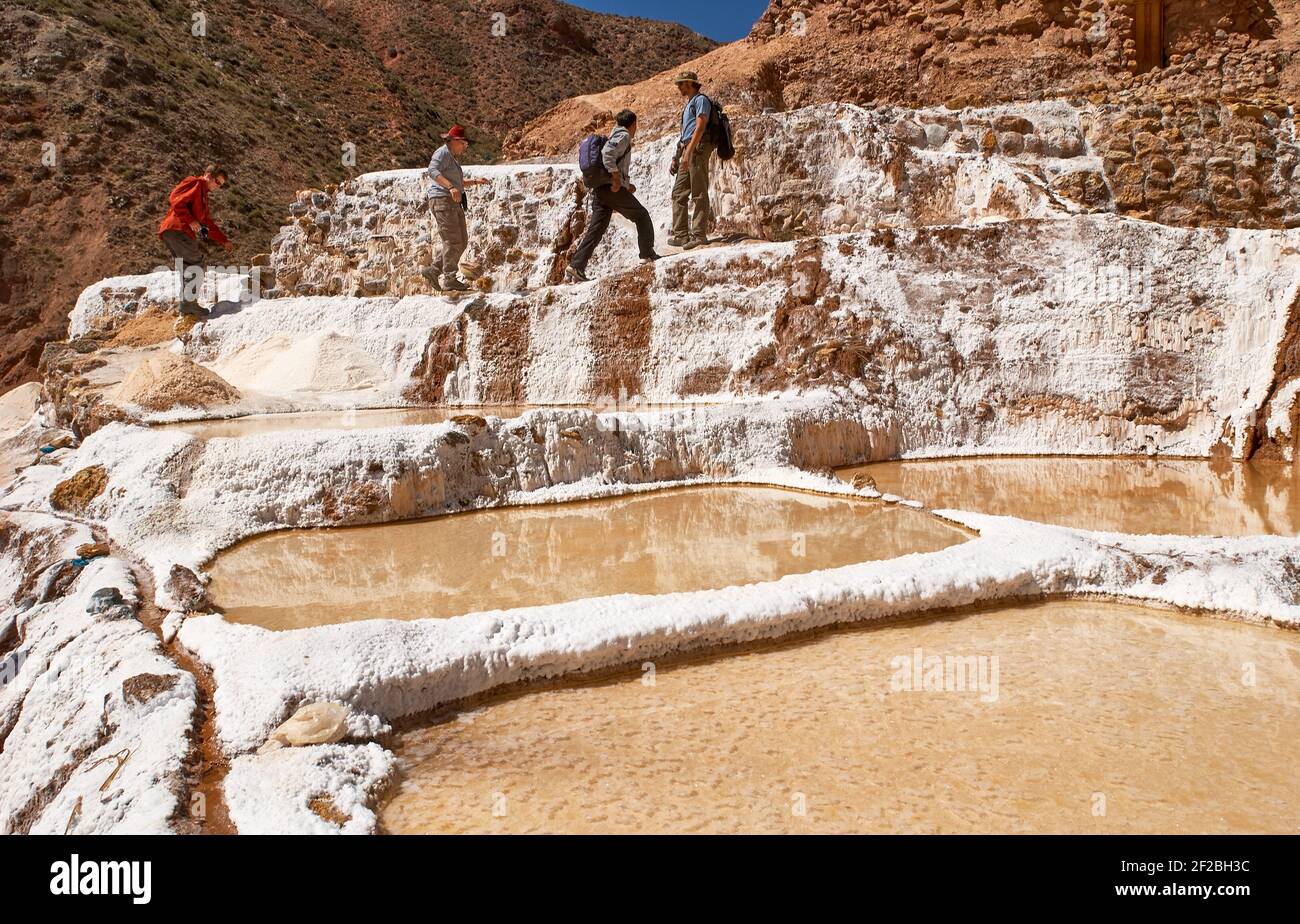Marmites de sel inca, terrasses de sel et salin de Pichintoto, Salineras de Maras, Vallée Sacrée des Incas, Urubamba près de Cusco, Pérou Banque D'Images