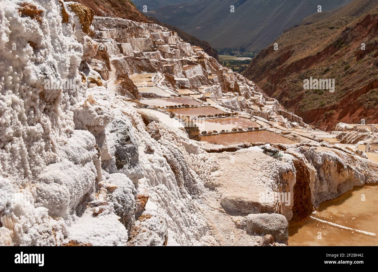 Marmites de sel inca, terrasses de sel et salin de Pichintoto, Salineras de Maras, Vallée Sacrée des Incas, Urubamba près de Cusco, Pérou Banque D'Images