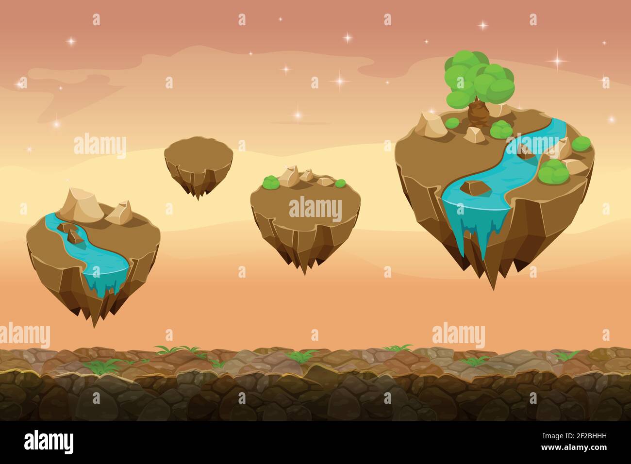 Paysage de jeu de prairie de nuit, arrière-plan de jeu sans fin avec des rivières sur les îles. Nature de l'interface graphique, paysage d'interface, interface de jeu de voyage. Illustrateur de vecteur Illustration de Vecteur