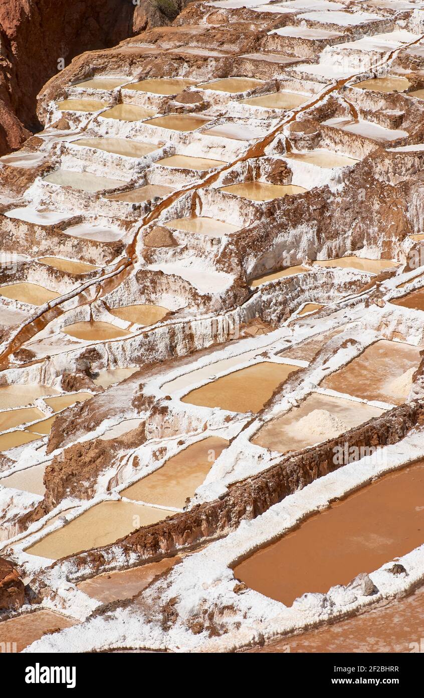 Marmites de sel inca, terrasses de sel et salin de Pichintoto, Salineras de Maras, Vallée Sacrée des Incas, Urubamba près de Cusco, Pérou Banque D'Images