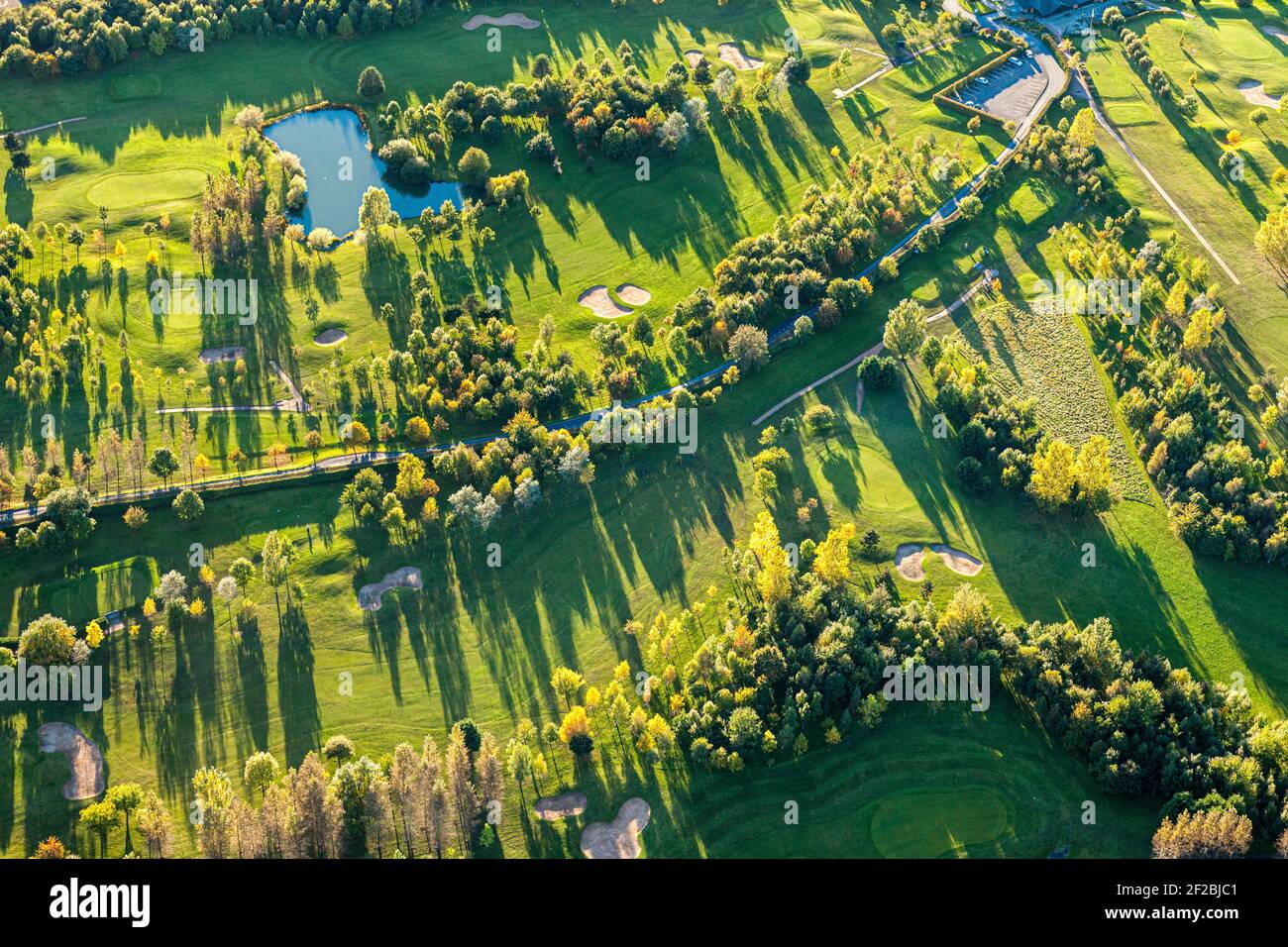Vue aérienne du parcours de golf de Brickhampton, Staverton, Gloucestershire, Royaume-Uni Banque D'Images