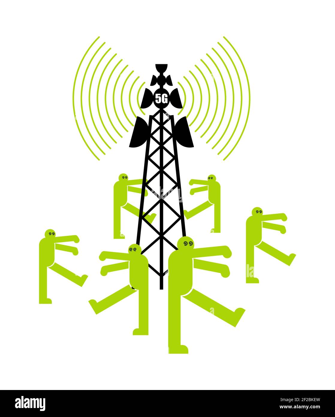 Population d'écaillage de la tour 5G. Théorie du complot. Les zombies marchent autour de la tour de cellules. Tours de communication radio et TV Illustration de Vecteur