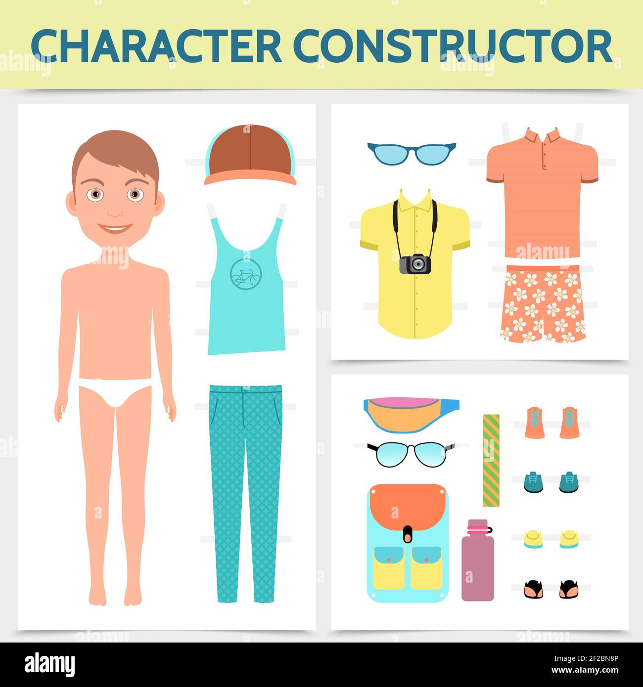 Concept constructeur de personnage masculin plat avec sac de voyage de vêtements d'été illustration vectorielle isolée pour appareil photo et lunettes de soleil cap sneakers Illustration de Vecteur