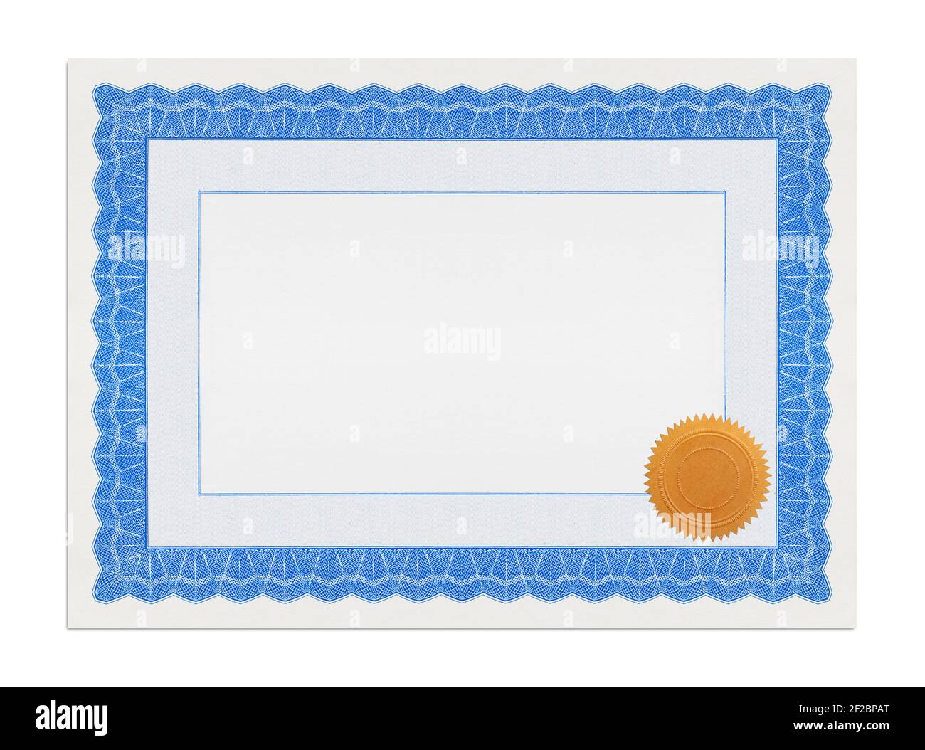 Diplôme de certificat bleu avec espace de copie et découpe de sceau d'or. Banque D'Images