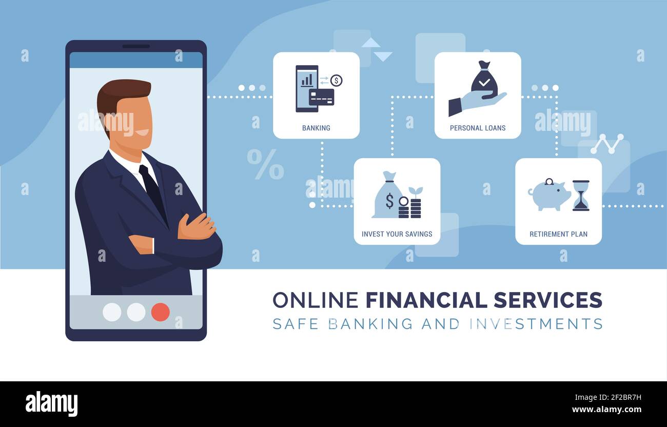 Conseiller financier en ligne et banque en ligne : compte bancaire, placements, prêts et plan de retraite Illustration de Vecteur