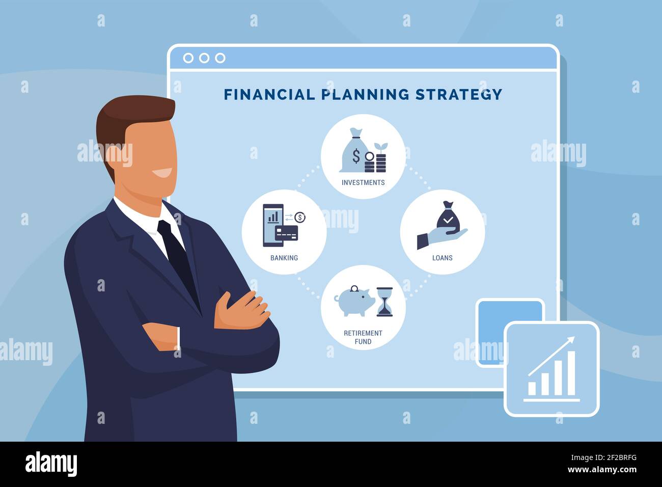 Stratégie de planification financière et infographie sur les services bancaires en ligne avec conseiller financier Illustration de Vecteur