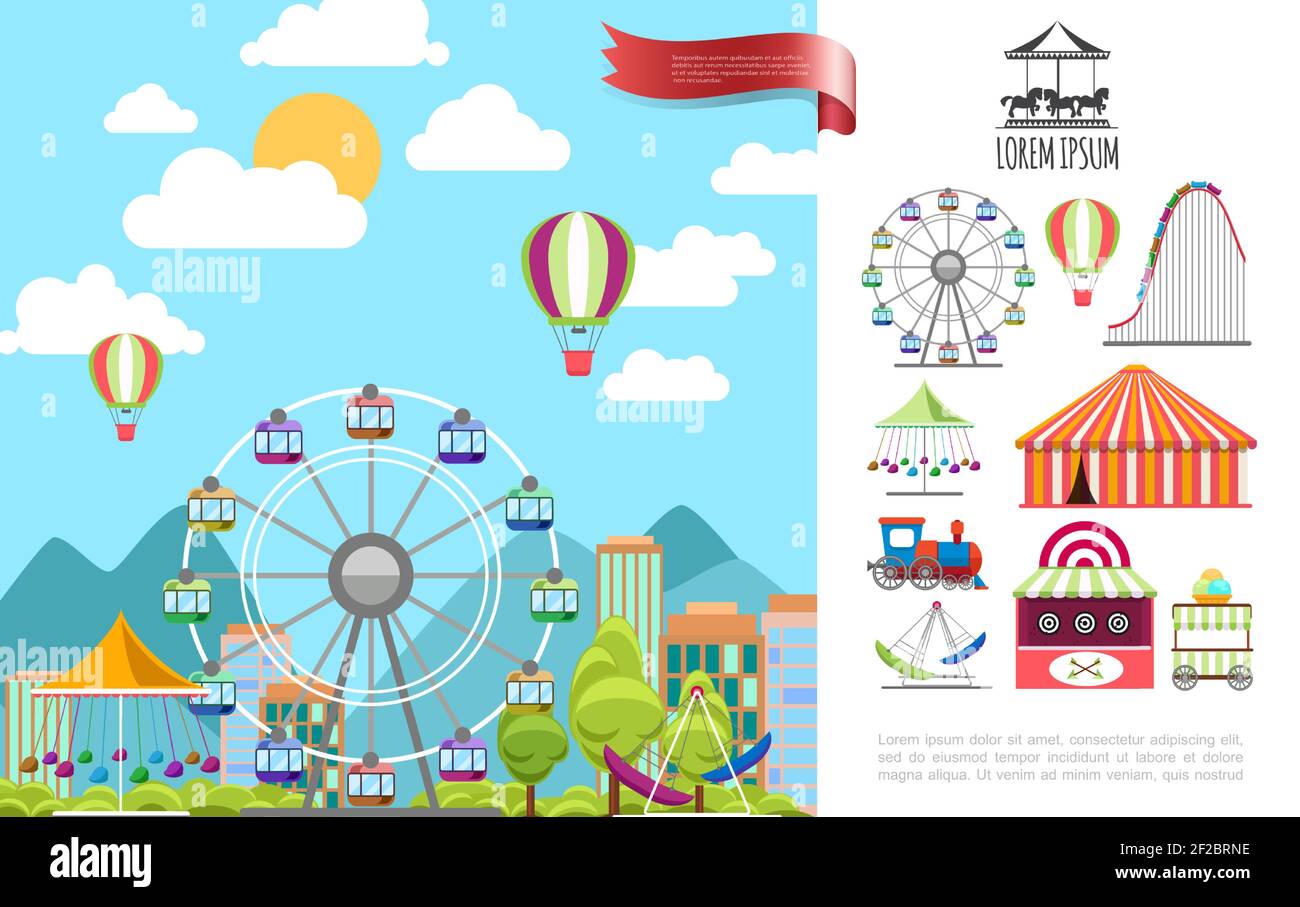 Parc d'attractions plat avec ballons à air chaud à roulette de ferris carousels tente glace chariot plage de tir train illustration vectorielle Illustration de Vecteur