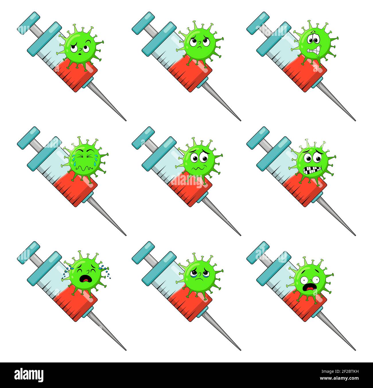 Concept de vaccin contre le coronavirus. Caractère du virus et seringue. Illustration vectorielle isolée sur fond blanc. Illustration de Vecteur