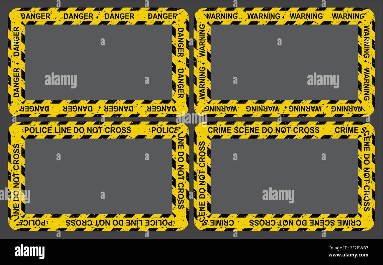 Ensemble de cadres de ruban adhésif jaune crime. Collection de bordure vide avec ruban de police. Arrière-plans criminels rectangulaires vectoriels avec espace de copie. Illustration de Vecteur