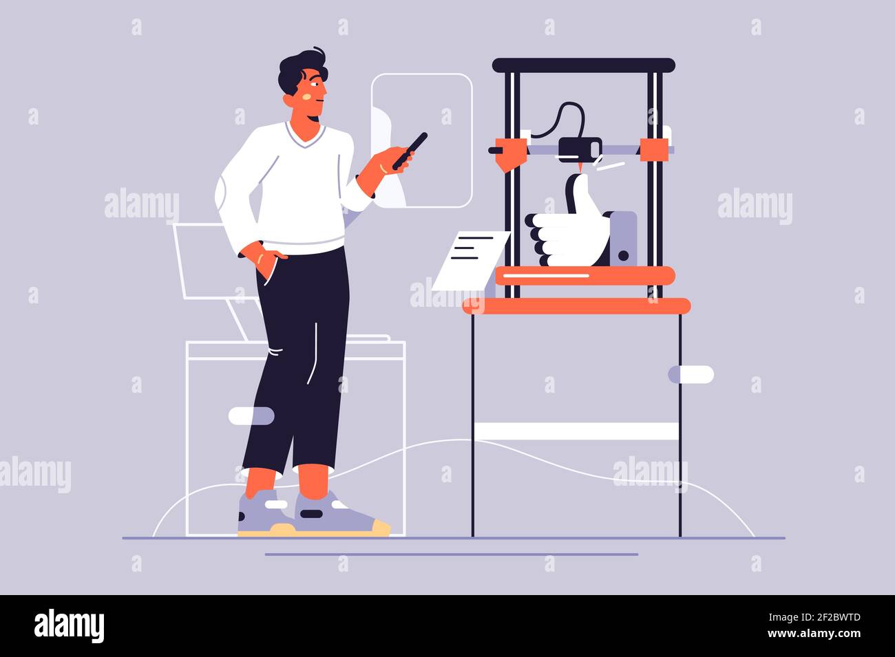 Jeune homme d'impression prototype à l'aide d'une imprimante 3d Illustration de Vecteur