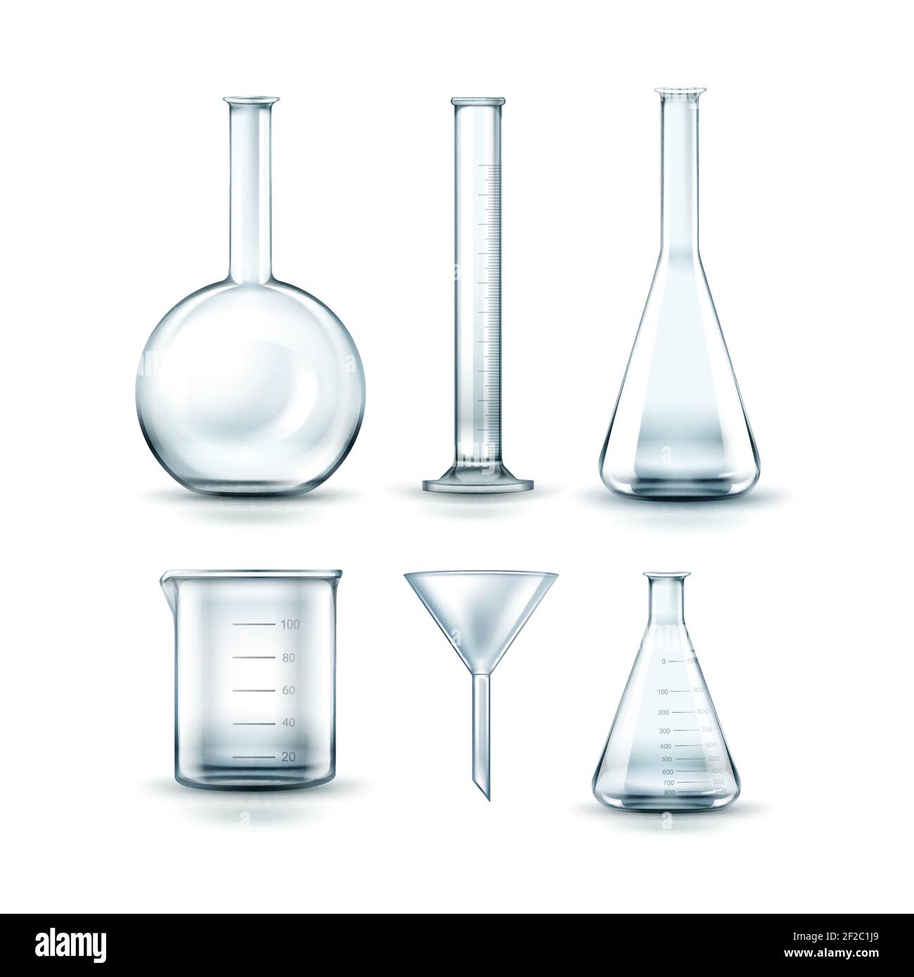 Ensemble vectoriel de flacons de laboratoire de produits chimiques en verre transparent vides, entonnoir et tube à essai isolés en arrière-plan Illustration de Vecteur